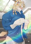  abs absurd_res anthro astosis blonde_hair blue_eyes blush bottomless clothed clothing dress_shirt dressing felid fur hair hi_res kouga0225 lifewonders lion live_a_hero male mammal muscular muscular_male pantherine shirt solo topwear white_body white_fur 