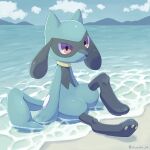  :o arm_support cloud commentary_request day full_body highres ibusaki_(ivu) outdoors parted_lips pokemon pokemon_(creature) riolu sand shore sitting sky solo water 