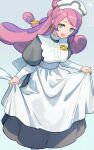  1girl apron breasts dress earrings green_eyes hat highres hsin jewelry long_hair long_sleeves looking_at_viewer miriam_(pokemon) multicolored_hair nurse nurse_cap off_shoulder open_mouth pink_hair pokemon pokemon_(game) pokemon_sv purple_hair smile solo streaked_hair 
