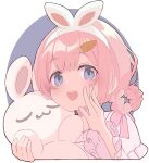  1girl :d animal_ears blue_eyes braided_hair_rings carrot_hair_ornament cropped_torso engawa_de fake_animal_ears food-themed_hair_ornament frilled_sleeves frills hair_ornament hairband hands_up highres holding holding_stuffed_toy long_sleeves looking_at_viewer nijisanji official_alternate_costume open_mouth pink_hair pink_ribbon rabbit_ears ribbon smile solo stuffed_animal stuffed_rabbit stuffed_toy suo_sango suo_sango_(2nd_costume) upper_body virtual_youtuber white_hairband 