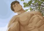  1boy alternate_body_size bara blue_sky bright_pupils brown_hair closed_mouth dripping expressionless haikyuu!! highres leaf looking_at_viewer male_focus muscular muscular_male nipples pectorals photo-referenced rain reaching reaching_towards_viewer selfie simonsuke sky upper_body ushijima_wakatoshi water_drop yellow_eyes 