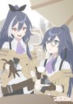  2girls :d absurdres aco_(bearchannel) belt belt_buckle black_hair black_pants blue_eyes blurry blurry_background brown_belt brown_jacket buckle character_request collared_shirt commentary_request cup depth_of_field hair_between_eyes high_ponytail highres holding holding_cup holding_saucer honkai_(series) honkai_impact_3rd jacket monocle multicolored_hair multiple_girls off_shoulder pants parted_lips ponytail red_eyes round_teeth saucer shirt signature smile streaked_hair teeth twitter_username upper_teeth_only v-shaped_eyebrows white_hair white_shirt 