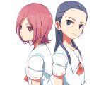  2girls azuma_yukihiko blue_eyes blue_hair commentary_request eyelashes futari_wa_precure_splash_star kiryuu_kaoru kiryuu_michiru long_hair looking_at_viewer multiple_girls precure red_eyes red_hair school_uniform serious shirt short_hair simple_background standing white_background white_shirt 