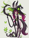  1girl animal_ears black_sclera colored_sclera colored_skin flower green_eyes hat highres holding holding_staff long_hair looking_at_viewer monster_girl original pink_skin plant plant_girl plant_hair purple_hair solo squeaky_(artist) staff standing tail tiptoes twintails vines witch_hat 