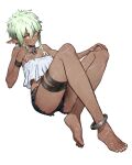  1girl absurdres anklet bare_arms bare_shoulders barefoot black_shorts braid camisole closed_mouth collar commentary cozy dark-skinned_female dark_elf dark_skin elf feet frilled_camisole frills full_body green_hair hair_between_eyes hair_over_shoulder hand_on_own_knee highres invisible_chair jewelry knees_up light_smile looking_at_viewer medium_hair metal_collar midriff original pink_eyes pointy_ears ring scar scar_on_arm scar_on_face scar_on_hand scar_on_leg scar_on_stomach short_shorts shorts side_braid sideways_glance simple_background single_braid sitting solo thigh_strap toes white_background white_camisole wristband 
