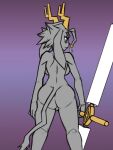  anthro antlers big_breasts big_butt blue_eyes bovid breasts butt caprine eyelashes featureless_crotch female floppy_ears fur gndthr323 goat grey_body grey_fur hi_res holding_object holding_weapon horn hybrid jackalope lagomorph leporid lop_ears mammal nude pseudoregalia purple_background rabbit rear_view simple_background solo sybil_(pseudoregalia) thescornfulreptilian thick_thighs weapon wide_hips 