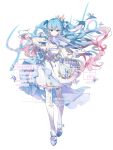  1girl absurdres anqing aqua_eyes blue_footwear blue_hair crown dress floating_hair full_body gradient_hair highres holding holding_bow_(music) holding_instrument instrument long_hair looking_at_viewer mini_crown multicolored_hair music original pink_hair playing_instrument sample_watermark sleeveless sleeveless_dress smile solo thighhighs two_side_up very_long_hair violin watermark white_background white_dress white_thighhighs wrist_cuffs 
