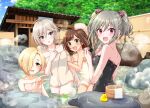  4girls anastasia_(idolmaster) arm_hug blush collarbone idolmaster idolmaster_cinderella_girls kanzaki_ranko looking_at_viewer maekawa_miku multiple_girls naked_towel onsen outdoors partially_submerged pina_korata popon_ta rock shirasaka_koume steam surprised towel wading wooden_wall 