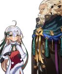  1boy 1girl ahoge beard bell black_gloves cloak facial_hair fate/grand_order fate_(series) gloves grey_hair hat highres holding holding_clothes holding_hat jeanne_d&#039;arc_alter_santa_lily_(fate) mustache ptolemy_(fate) santa_hat wen_zhi_(717256) white_background yellow_eyes 