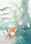  animal_focus black_eyes fish goomy highres leaf looking_at_another magikarp momota_pix no_humans open_mouth outdoors plant pokemon pokemon_(creature) reflection reflective_water ripples solid_oval_eyes tree water whiskers 