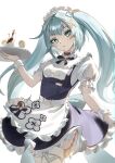  1girl alternate_costume apron aqua_bow aqua_eyes aqua_hair back_bow black_choker black_ribbon bow choker commentary_request cowboy_shot enmaided faruzan_(genshin_cafe)_(genshin_impact) faruzan_(genshin_impact) frills genshin_impact hair_ornament hand_up highres long_hair looking_at_viewer maid maid_apron maid_headdress naeeeegi neck_ribbon official_alternate_costume parted_lips puffy_short_sleeves puffy_sleeves ribbon short_sleeves simple_background solo thighhighs twintails white_apron white_background white_thighhighs white_wrist_cuffs wrist_cuffs x_hair_ornament zettai_ryouiki 