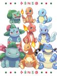  2022 ambiguous_gender blastoise blue_eyes bulbasaur charizard charmander charmeleon claws evolutionary_family fangs feral fire flaming_tail front_view generation_1_pokemon group hi_res ivysaur looking_at_viewer nintendo orange_body orange_skin pokemon pokemon_(species) red_body red_eyes red_skin saki_pokeoekaki simple_background sitting smile squirtle starter_trio tail teeth toe_claws trio venusaur wartortle white_background white_claws wings 
