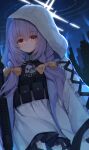  1girl absurdres atsuko_(blue_archive) blue_archive bulletproof_vest halo highres hood hoodie jacket long_hair nodoameyatou purple_hair red_eyes solo thighs white_hoodie white_jacket 