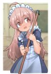  1girl ahoge apron blurry blurry_background genderswap genderswap_(mtf) highres holding holding_mop long_hair looking_to_the_side maid maid_apron maid_headdress mop onii-chan_wa_oshimai! open_mouth orange_eyes oyama_mahiro pink_hair shiriananmin short_sleeves solo sweatdrop 