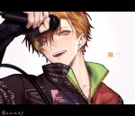  1boy absurdres akira_(a_ki_ra_8_9) black_gloves black_jacket blonde_hair bright_pupils cable character_name clothes_writing collarbone collared_jacket commentary_request ear_piercing earrings fingerless_gloves fingernails food fork gloves green_hair green_jacket hair_behind_ear hair_between_eyes half-closed_eyes highres holding holding_microphone jacket jewelry knife letterboxed long_sleeves looking_at_viewer male_focus microphone multicolored_clothes multicolored_hair multicolored_jacket open_mouth orange_hair pancake pancake_stack partial_commentary partially_unzipped piercing plate popped_collar print_jacket project_sekai red_jacket shinonome_akito short_hair simple_background smile solo streaked_hair stud_earrings sweat table_knife teeth twitter_username upper_body upper_teeth_only white_background white_pupils yellow_eyes zipper zipper_pull_tab 