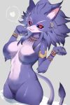  &lt;3 anthro belladonna_(trials_of_mana) black_sclera breasts countershading ear_piercing ear_ring featureless_breasts featureless_crotch felid feline female finger_ring fur hair hi_res jewelry looking_at_viewer mammal necklace nude partially_submerged passionpit777 piercing purple_body purple_fur red_eyes ring_piercing solo trials_of_mana white_body white_fur 