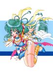  1990s_(style) 1girl blue_eyes bracelet braid can_can_bunny can_can_bunny_extra detached_sleeves earrings full_body glint green_hair hair_ribbon highres jewelry long_hair non-web_source official_art open_mouth pelvic_curtain ramiya_ryou retro_artstyle ribbon ring solo swatty_(can_can_bunny) thighlet 