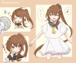  1girl =_= ^_^ black_sailor_collar brown_hair closed_eyes electric_fan facing_viewer fumizuki_(kancolle) fumizuki_kai_ni_(kancolle) hair_between_eyes kantai_collection long_hair looking_at_viewer multiple_views musical_note neckerchief ponytail sailor_collar shirt short_sleeves sidelocks skirt solo spoken_musical_note tonome_(rururara) twitter_username white_shirt white_skirt yellow_neckerchief 