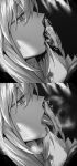  1boy 1girl absurdres fate/grand_order fate_(series) florence_nightingale_(fate) fujimaru_ritsuka_(male) greyscale hetero highres hxd licking licking_ear monochrome open_mouth short_hair tongue tongue_out 