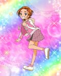  1girl artist_request brown_eyes brown_hair casual commentary english_commentary eyelashes futari_wa_precure_splash_star gradient_background hair_ornament hairclip happy highres hyuuga_saki looking_at_viewer official_art ponytail precure precure_connection_puzzlun shoes short_hair skirt smile solo standing third-party_source 