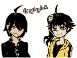  1boy 1girl :3 ahoge araragi_karen araragi_koyomi artist_name black_hair black_jacket black_shirt blue_eyes bright_pupils brother_and_sister brown_outline closed_mouth commentary egg_hair_ornament english_commentary eyelashes food-themed_hair_ornament fried_egg gakuran grimace hair_ornament hair_over_one_eye highres hood hood_down jacket long_hair monogatari_(series) naoetsu_high_school_uniform narrowed_eyes naughty_face open_clothes open_jacket parody school_uniform shirt siblings side_ponytail simple_background single_vertical_stripe smug style_parody sweatdrop t-shirt the_coffin_of_andy_and_leyley twitter_username v-shaped_eyebrows white_background white_pupils yellow_jacket ygtsglck 