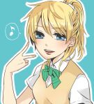  1girl ayase_eli blonde_hair blue_background blue_eyes blush bow bowtie brown_sweater_vest collared_shirt commentary_request dress_shirt green_bow green_bowtie hair_between_eyes kashikaze looking_at_viewer love_live! love_live!_school_idol_project medium_hair musical_note open_mouth otonokizaka_school_uniform outline ponytail school_uniform shirt short_sleeves simple_background solo spoken_musical_note striped striped_bow striped_bowtie sweater_vest teeth upper_body upper_teeth_only v white_outline white_shirt 