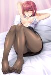  1girl absurdres armpits bed blush breasts cleavage feet heterochromia highres hololive houshou_marine houshou_marine_(6th_costume) jewelry knees_up large_breasts legs necklace no_bra no_shoes open_clothes open_mouth open_shirt pantyhose pillow red_eyes red_hair roomurariyuu short_hair skirt solo spread_toes steaming_body toenails toes virtual_youtuber yellow_eyes 