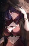  1girl bakemonsou bracelet breasts brown_headwear cleavage commission genshin_impact hand_on_headwear hat highres jewelry large_breasts long_hair looking_at_viewer mole mole_under_eye navel pixiv_commission purple_eyes purple_hair raiden_shogun solo witch witch_hat 