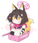  1girl animal_ear_fluff animal_ears black_gloves black_hair blue_archive blush_stickers chibi commentary_request doughnut eating english_text eyeshadow fingerless_gloves fishnet_thighhighs fishnets food fox_ears fox_girl fox_hair_ornament fox_tail gloves hadanugi_dousa hair_between_eyes hair_ornament halo highres holding holding_food hugging_own_legs izuna_(blue_archive) japanese_clothes knees_to_chest knees_up long_sleeves looking_at_viewer makeup medium_hair ninja one_side_up pleated_skirt pom_pom_(clothes) pom_pom_hair_ornament school_uniform serafuku sidelocks simple_background skirt sleeveless smile solo sparkle tail thighhighs wide_sleeves yellow_eyes yosik 