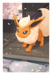  animal_focus border bright_pupils brown_eyes closed_mouth commentary_request day falling_petals flareon highres momota_pix no_humans outdoors petals pokemon pokemon_(creature) smile solo standing white_border white_pupils 