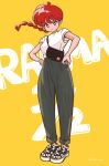  1girl alternate_costume breasts character_name earrings english_text full_body jewelry norixio55 pig ranma-chan ranma_1/2 red_eyes red_hair simple_background smile solo standing twitter_username yellow_background 