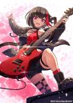  1girl bang_dream! black_choker black_footwear black_hair black_shorts bob_cut breasts chain_necklace choker electric_guitar guitar highres holding holding_instrument holding_plectrum instrument jewelry kuroi_susumu long_sleeves looking_at_viewer medium_breasts medium_hair mitake_ran multicolored_hair music necklace off_shoulder official_art open_mouth pink_eyes playing_instrument plectrum red_hair short_shorts shorts single_thighhigh streaked_hair thigh_strap thighhighs 