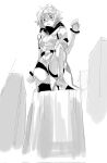  1girl bare_shoulders boots breasts elbow_gloves eye_mask gloves greyscale hair_between_eyes hand_up high_heel_boots high_heels highres jiguang_haibao leotard monochrome on_one_knee parted_lips short_hair shy_(character) shy_(series) small_breasts solo teeth thigh_boots thighhighs 