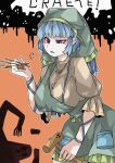  absurdres blue_hair breasts commentary_request green_headwear hammer haniyasushin_keiki head_scarf highres holding holding_hammer jewelry kataba_(user_vdek5387) large_breasts long_hair magatama magatama_necklace necklace open_mouth orange_background pocket red_eyes short_sleeves sigh single_strap touhou typo wood_carving_tool 