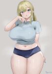  1girl :o arm_at_side aymusk black_buruma blonde_hair blue_eyes blush breasts buruma cowboy_shot curvy freckles freckles-chan_(aymusk) grey_background grey_shirt hair_ornament hairclip highres huge_breasts impossible_clothes impossible_shirt long_hair looking_at_viewer nail_polish navel open_mouth original shirt sidelocks simple_background solo standing sweat taut_clothes taut_shirt thick_eyebrows thick_thighs thighs wide_hips 