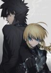  1boy 1girl ahoge amemasu79 artoria_pendragon_(fate) back-to-back black_eyes black_gloves black_hair black_jacket black_necktie blonde_hair cigarette collared_shirt copyright_name emiya_kiritsugu expressionless fate/zero fate_(series) formal gloves green_eyes grey_background grey_shirt hands_in_pockets highres holding holding_sword holding_weapon invisible_air_(fate) jacket long_hair looking_at_viewer necktie ponytail saber shirt smoke smoking suit sword weapon 