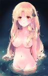  1girl :o azumi_(myameco) black_ribbon blonde_hair breasts commentary_request completely_nude ereshkigal_(fate) fate/grand_order fate_(series) hair_over_breasts hair_ribbon long_hair medium_breasts nude partially_submerged red_eyes ribbon solo two_side_up water wet 