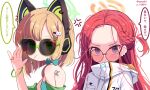  2girls anger_vein animal_ear_headphones animal_ears bandaid bandaid_on_face bandaid_on_forehead bare_shoulders blonde_hair blue_archive blue_eyes bow bracelet braid cat_ear_headphones closed_mouth fake_animal_ears green_bow green_eyes green_hair hair_bow hair_ornament hairclip halo hands_in_pockets headphones highres jacket jewelry long_hair long_sleeves looking_at_viewer midori_(blue_archive) multiple_girls pink_bow pixiv_id red_hair ring round_eyewear short_hair simple_background speech_bubble sseopik sunglasses translation_request twitter_username very_long_hair white_background white_jacket yuzu_(blue_archive) 