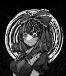  1girl black_background bow breasts chiroru_(cheese-roll) eyeball frilled_ribbon frills front_ponytail greyscale hair_bow hair_ribbon highres horror_(theme) kagiyama_hina medium_breasts medium_hair monochrome puffy_short_sleeves puffy_sleeves ribbon short_sleeves solo spiral spiral_background touhou upper_body uzumaki 