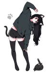  1girl ahoge animal_ears arm_up black_cat black_eyes black_hair black_hoodie black_shorts blush_stickers cat cat_ears cat_girl cat_tail highres hood hoodie leaning_to_the_side long_hair megateru original oversized_clothes shorts simple_background skindentation sleeves_past_wrists smile solo tail tareme thighhighs wavy_hair white_background 