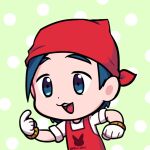  1boy apron bandana blue_eyes blue_hair chibi dot_nose ekir_tutu gloves green_background male_focus open_mouth pointing pointing_at_self pokemon pokemon_(game) pokemon_breeder_(pokemon) pokemon_oras polka_dot polka_dot_background red_apron red_bandana short_hair solo teeth twitter_username upper_body upper_teeth_only white_gloves 