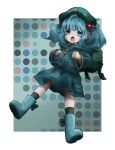  1girl :o backpack bag blue_coat blue_eyes blue_hair blue_skirt blunt_bangs boots cabbie_hat coat eyebrows_hidden_by_hair full_body hair_bobbles hair_ornament hat highres kawashiro_nitori legs_apart long_sleeves looking_at_viewer medium_hair open_mouth petite pocket simple_background skirt skirt_set solo touhou two_side_up umebitan 