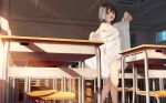  1girl black_eyes black_hair braid breasts brown_eyes chair classroom commentary_request highres indoors looking_at_viewer medium_breasts mottsun_(i_40y) open_mouth original school_uniform shirt standing table thighs white_shirt 