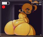  &lt;3 &lt;3_eyes absurd_res animatronic anthro avian beakless bedroom_eyes bib big_breasts big_butt bird black_sclera breasts butt chicken clothing dipx english_text female five_nights_at_freddy&#039;s five_nights_at_freddy&#039;s_2 galliform gallus_(genus) hi_res huge_butt looking_at_viewer looking_back machine narrowed_eyes phasianid recording robot scottgames seductive side_boob sitting smile solo text thong toy_chica_(fnaf) underwear yellow_body 