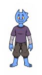  2023 3_toes alpha_channel anthro barefoot batspid2 blue_body bottomwear brown_clothing clothing eyebrows feet front_view horn kobold looking_at_viewer male pants red_eyes shirt simon_(batspid2) simple_background smile snout solo toes topwear transparent_background yellow_eyes 