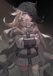  1girl @_@ bound commentary_request cowboy_shot grey_hair grey_jacket grey_thighhighs highres jacket long_hair looking_at_viewer open_mouth original purple_eyes restrained saz8720 solo standing straight-on teeth thighhighs tied_up_(nonsexual) tongue very_long_hair wavy_hair 