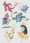  bayleef charmeleon claws croconaw fangs fire flame-tipped_tail ivysaur leaf looking_up no_humans ohhhhhhtsu open_mouth plant pokemon pokemon_(creature) quilava tongue vines wartortle 