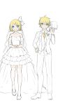  1boy 1girl ahoge bare_shoulders blonde_hair blue_eyes bouquet bow bridal_veil choker collarbone collared_shirt concept_art dress flower frilled_dress frills hair_bow hair_ornament hairclip highres holding holding_bouquet itkedo jacket necktie off-shoulder_dress off_shoulder open_mouth own_hands_together pants reference_sheet rose shirt short_dress short_sleeves sketch smile suit swept_bangs thighhighs treble_clef tuxedo veil vocaloid wedding wedding_dress white_choker white_jacket white_pants white_suit white_thighhighs white_veil yellow_necktie zettai_ryouiki 