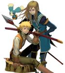  2boys absurdres blonde_hair blue_eyes blue_footwear blue_gloves blue_jacket boots brown_footwear brown_gloves brown_hair buttons choker closed_mouth commentary_request creature elbow_gloves feet_out_of_frame floating glasses gloves green_choker guy_cecil hand_on_own_hip highres holding holding_polearm holding_sword holding_weapon jacket jade_curtiss knee_boots knee_up leaning_forward long_hair long_sleeves looking_at_viewer male_focus mieu_(tales) multiple_boys orange_vest over_shoulder polearm popped_collar red_eyes shirt short_hair sitting sitting_on_tree_stump smile sword tales_of_(series) tales_of_the_abyss thigh_boots tree_stump vest weapon white_background white_shirt yasuda_akira 