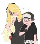  1boy 1girl baseball_cap black_shirt blonde_hair breasts brown_eyes brown_hair collarbone cynthia_(pokemon) cynthia_(sygna_suit)_(aura)_(pokemon) fingerless_gloves gloves hair_over_one_eye hand_on_own_hip hat hot open_mouth pokemon pokemon_(game) pokemon_masters_ex ponytail pumpkinpan red_(pokemon) red_(sygna_suit)_(thunderbolt)_(pokemon) shirt simple_background sleeveless sleeveless_shirt sweat white_background 